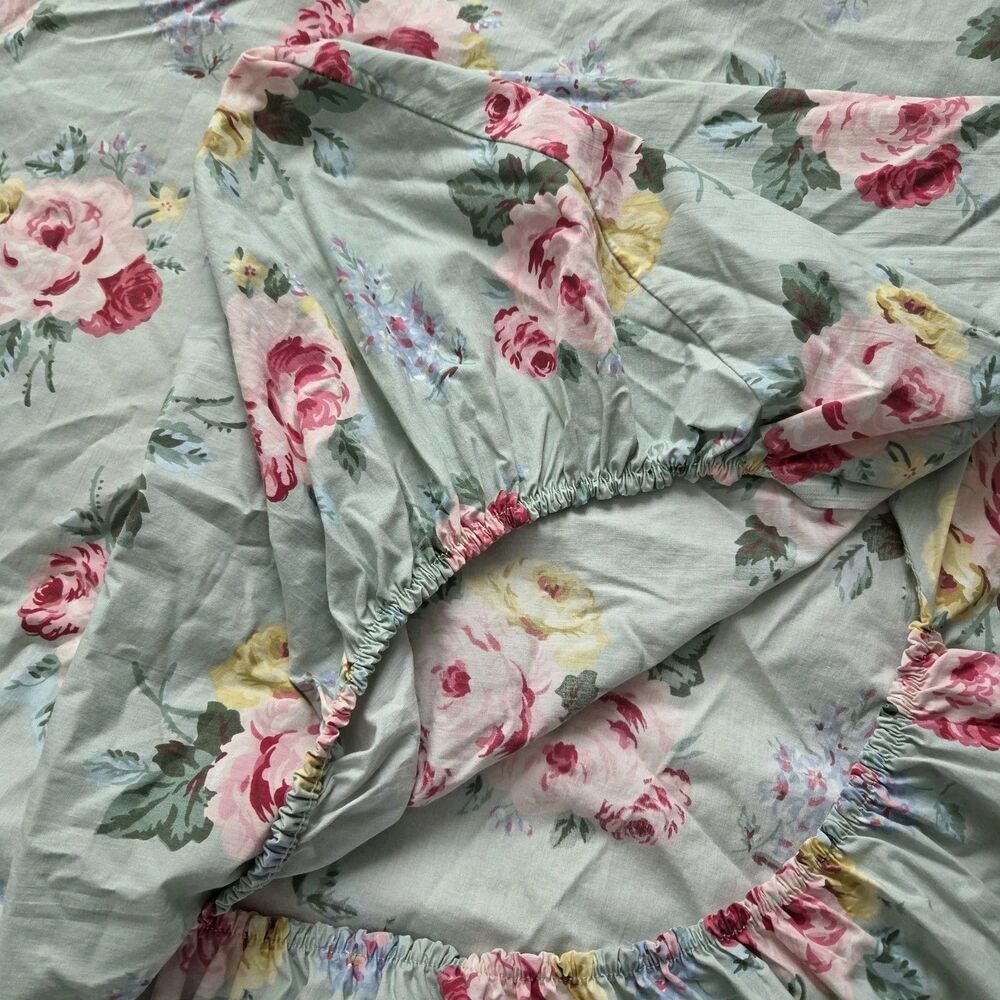 Vintage Ralph Lauren Twin Fitted Sheet Cottage Lane Rose Floral Blue Pink Cotton